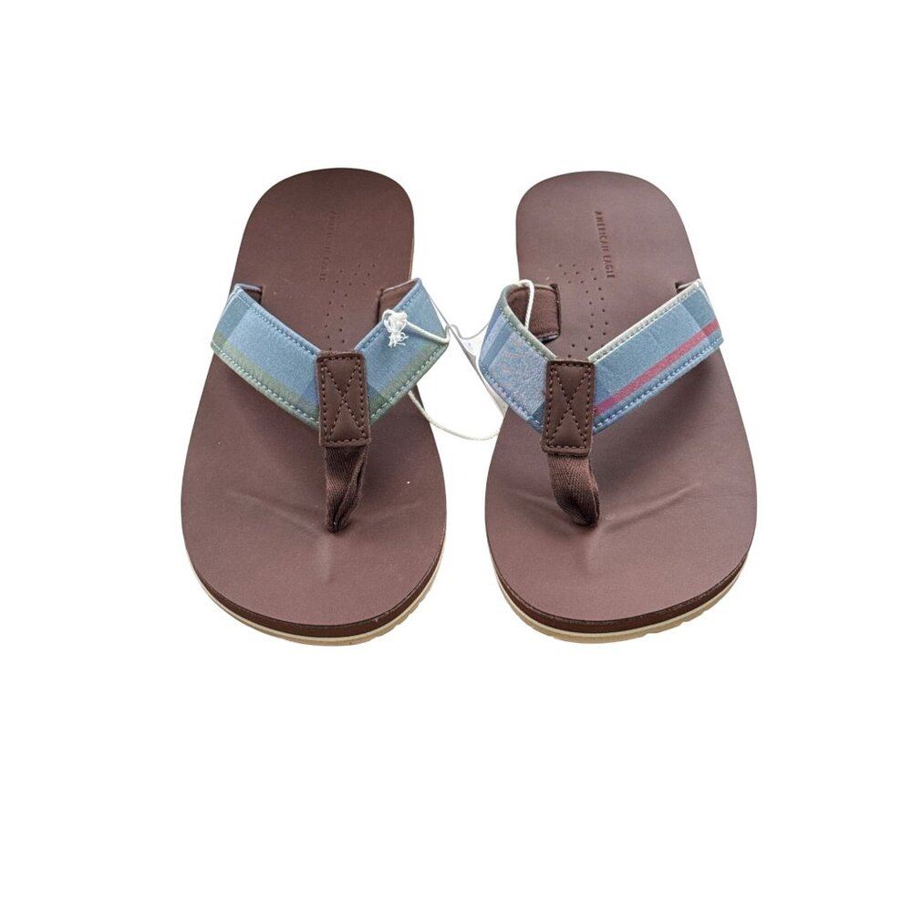 American Eagle Men's Brown Flip-Flops W/ Striped Straps Size 9 New W/ Tags - Picture 2 of 9